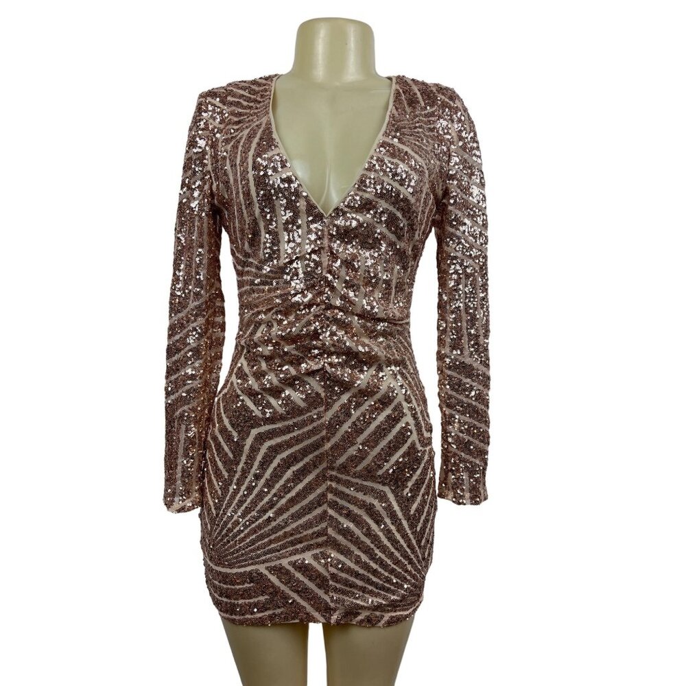Boohoo | Dresses | Boohoo Womens Rose Gold Sequin Long Sleeve V Collar Short Dress Sz 2